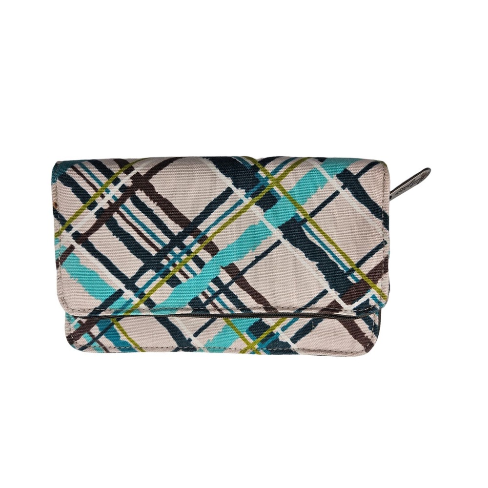 Thirty One Women's Sea Plaid Pattern Zip Around‎ Wallet Blue Green Brown